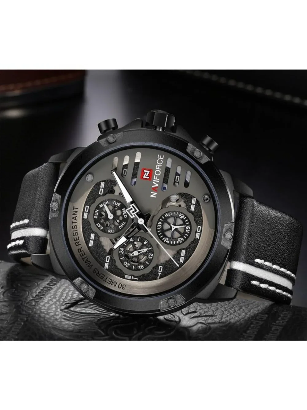 Men's All Black Analog Quartz Leather Band Waterproof Sport Military Wrist Watch